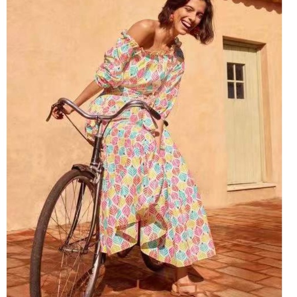 NEW Boden Rosalind Tiered Cotton Midi Dress - Ivory & Palm Tile Multi - Picture 1 of 11